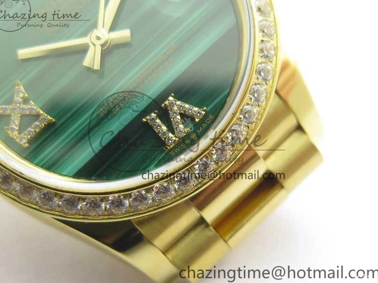 MiroTime 0305 Versatile Daydate 278288 31mm YG EWF Best Edition Green Malachite Dial Crystal Markers on YG President Bracelet ETA 2606